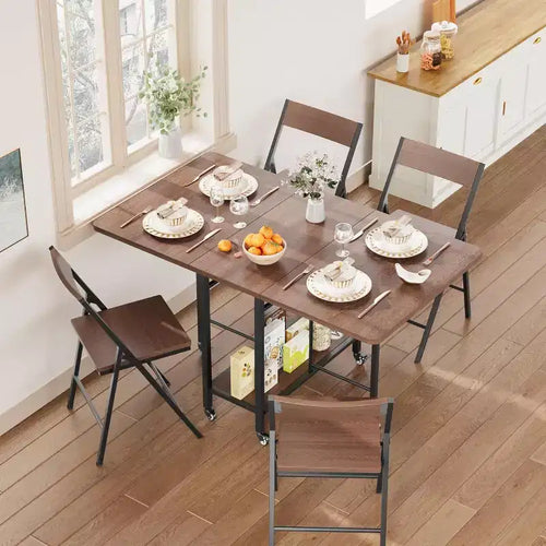 47 Ensemble de salle à manger pliant 5 pièces de style ferme pour 4 personnes - Table pliante en bois sur roulettes et 4 chaises pliantes - Cadre en acier robuste, peu encombrant pour appartement