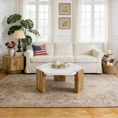 Table basse hexagonale en marbre blanc 31, base triangulaire en panneaux écologiques haute densité supportant jusqu'à 113 kg