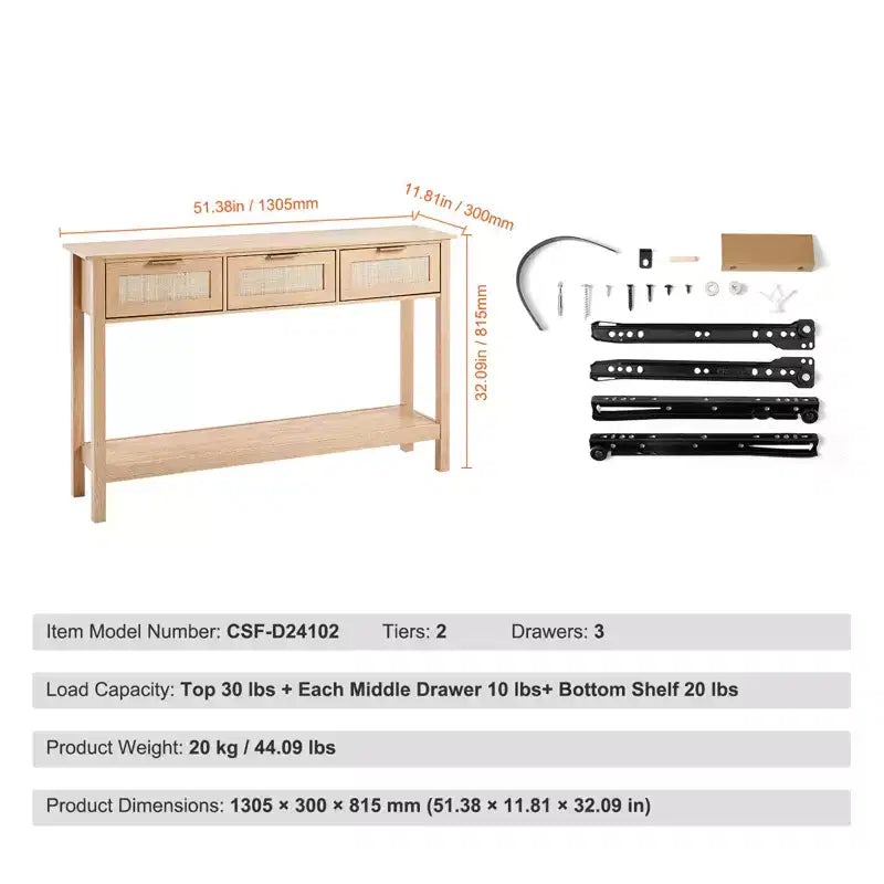Console GDFStudio Leonid moderne en bois et rotin avec 3 tiroirs