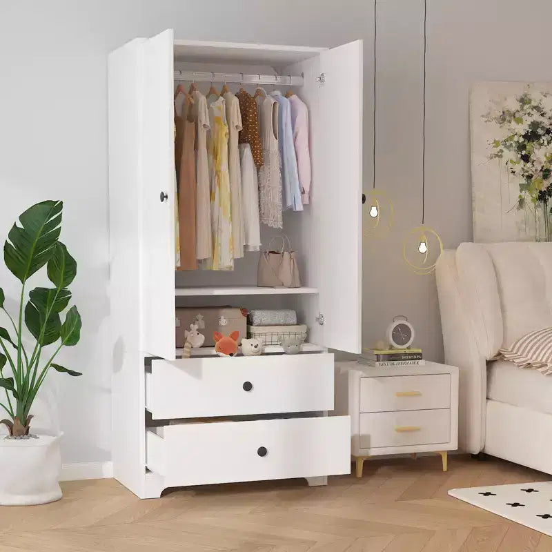 71 Inch Modern Wooden Bedroom Armoire Wardrobe Closet with 2 Doors 2 Drawers Adjustable Shelves Clothing Storage Cabinet and Hanging Rod