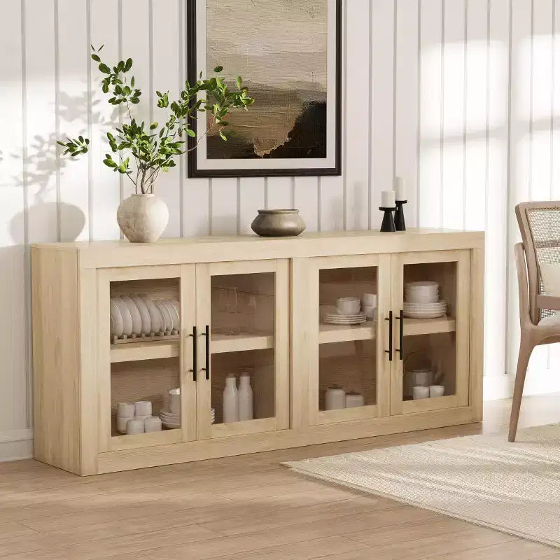Contemporary Sideboard Buffet Cabinet with Glass Doors and Thick Wood Top, Large Storage Buffet Table for Dining Room, Kitchen, and Coffee Bar