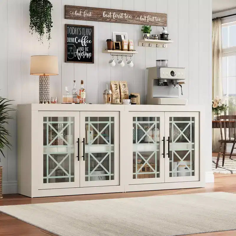 Contemporary Sideboard Buffet Cabinet with Glass Doors and Thick Wood Top, Large Storage Buffet Table for Dining Room, Kitchen, and Coffee Bar