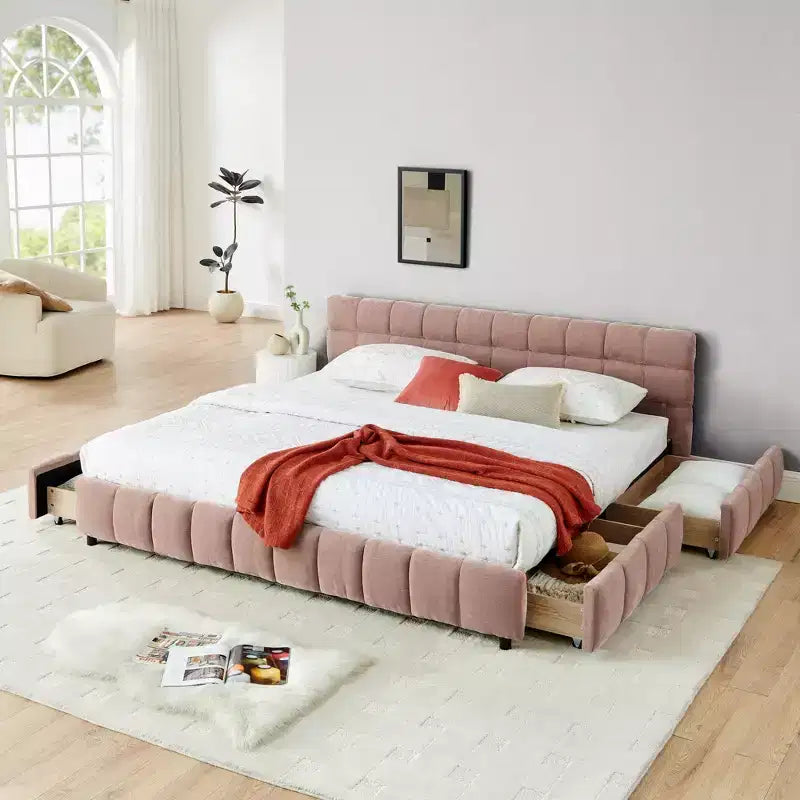 Queen/King/California King Size Upholstered Bed Frame with Storage Drawers, Chenille Platform Bed with Headboard and Solid Frame for Bedroom