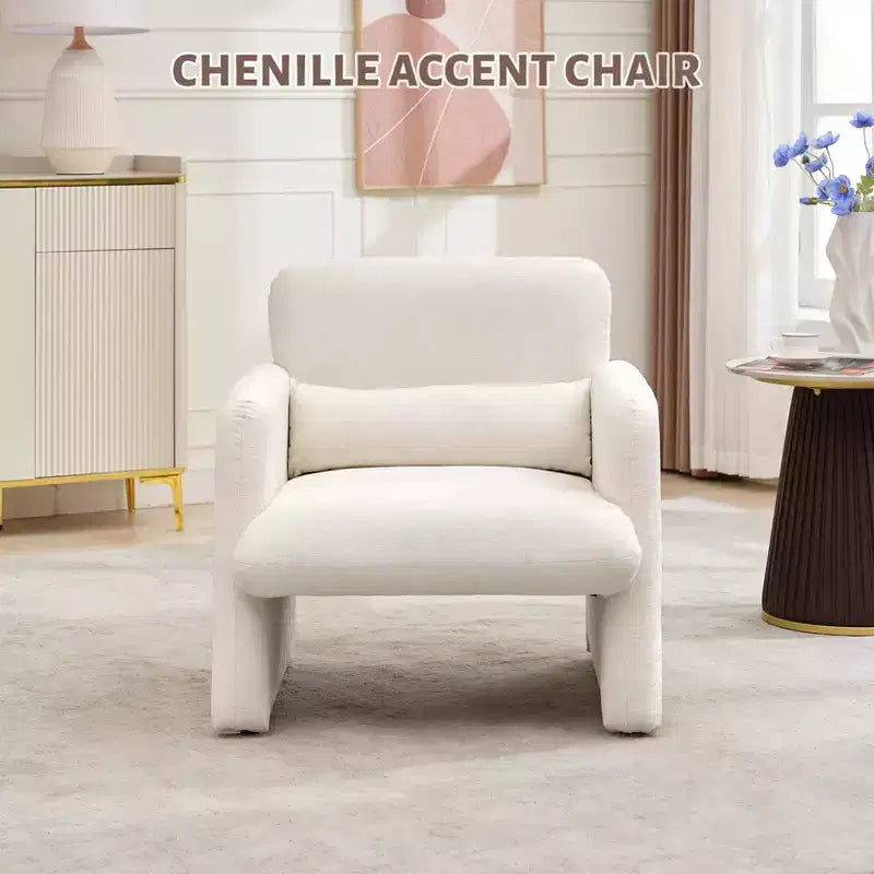 Fauteuil d'appoint moderne avec accoudoirs, canapé simple rembourré en chenille douce, chaise longue de lecture confortable avec oreiller lombaire pour salon, chambre à coucher