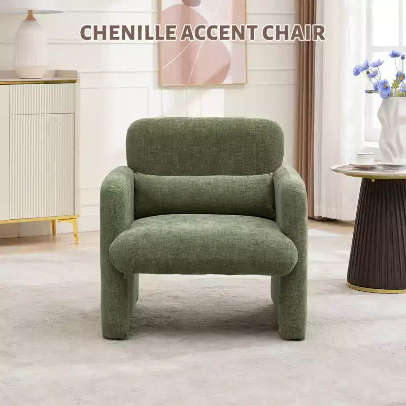 Fauteuil d'appoint moderne avec accoudoirs, canapé simple rembourré en chenille douce, chaise longue de lecture confortable avec oreiller lombaire pour salon, chambre à coucher
