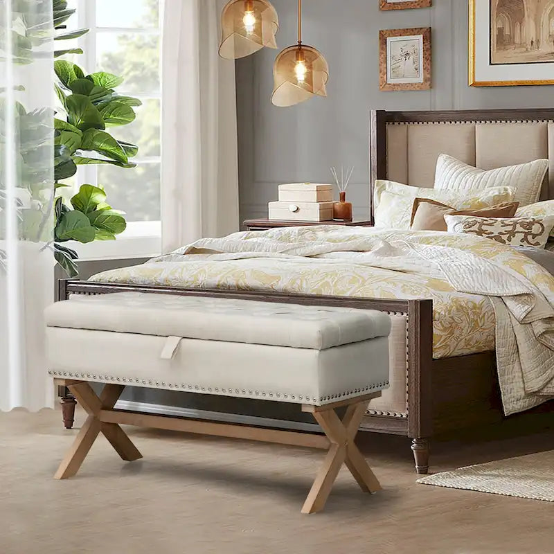 Banc de rangement de 89 cm, banc de rangement en lin capitonné avec espace de rangement