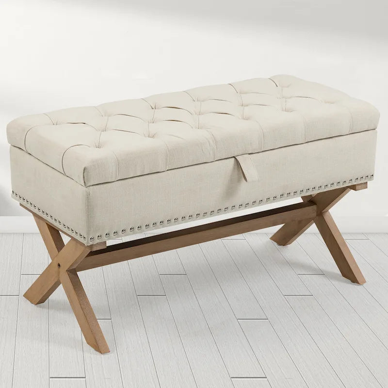 Banc de rangement de 89 cm, banc de rangement en lin capitonné avec espace de rangement