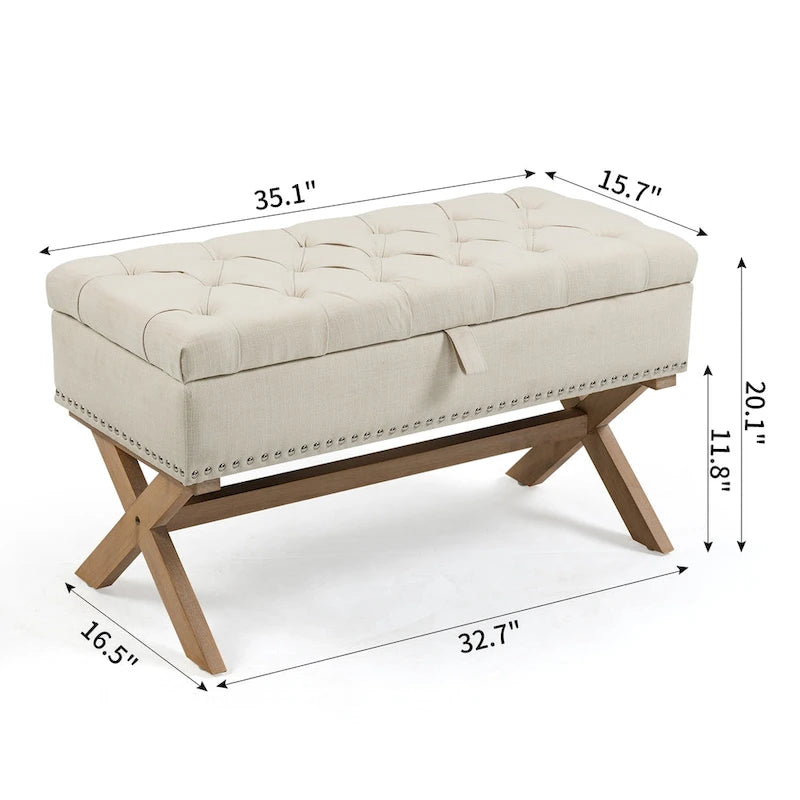 Banc de rangement de 89 cm, banc de rangement en lin capitonné avec espace de rangement
