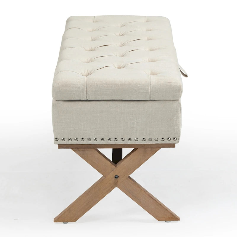 Banc de rangement de 89 cm, banc de rangement en lin capitonné avec espace de rangement