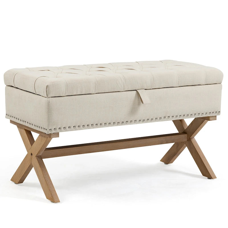 Banc de rangement de 89 cm, banc de rangement en lin capitonné avec espace de rangement