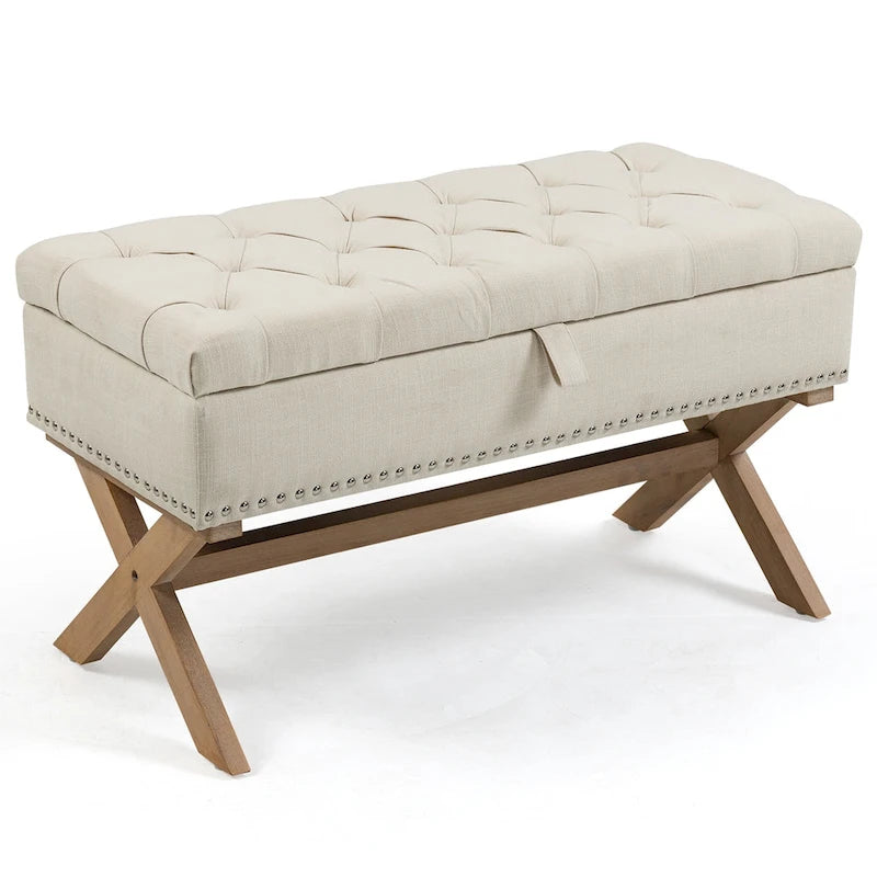 Banc de rangement de 89 cm, banc de rangement en lin capitonné avec espace de rangement
