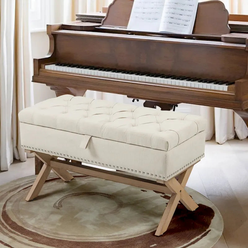 Banc de rangement de 89 cm, banc de rangement en lin capitonné avec espace de rangement