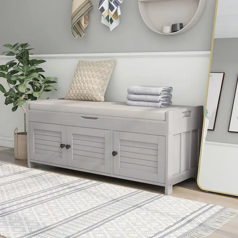 Banc de rangement en bois avec 3 portes persiennes et boîte de rangement à rabat, banc à chaussures d'entrée avec étagères réglables