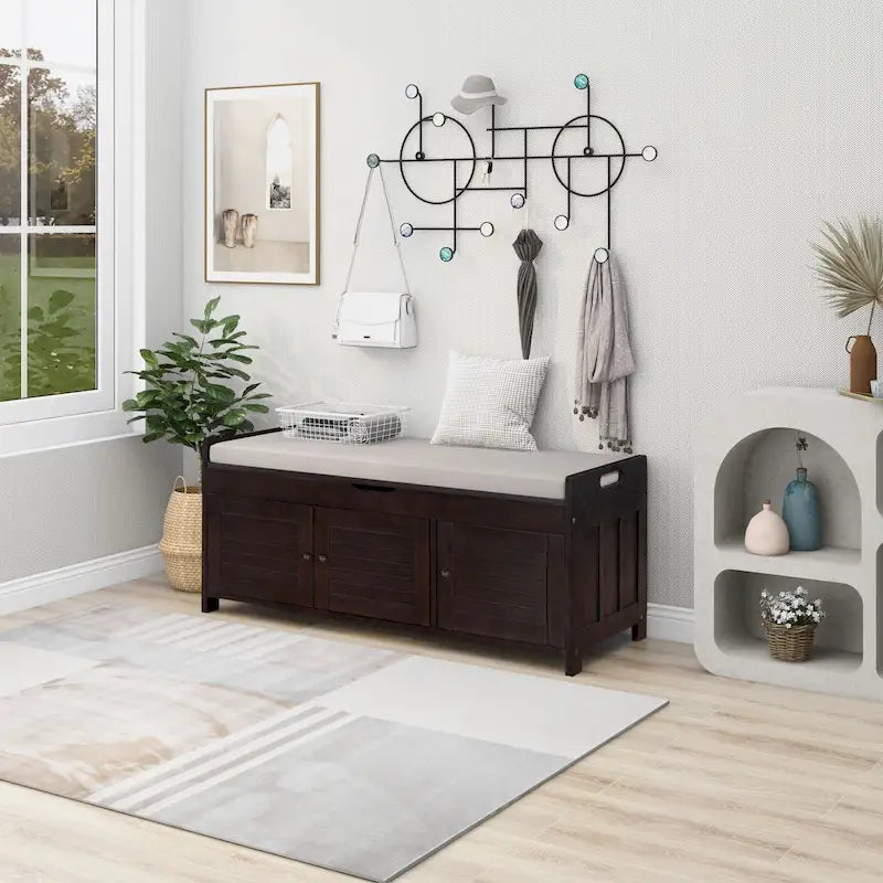 Banc de rangement en bois avec 3 portes persiennes et boîte de rangement à rabat, banc à chaussures d'entrée avec étagères réglables