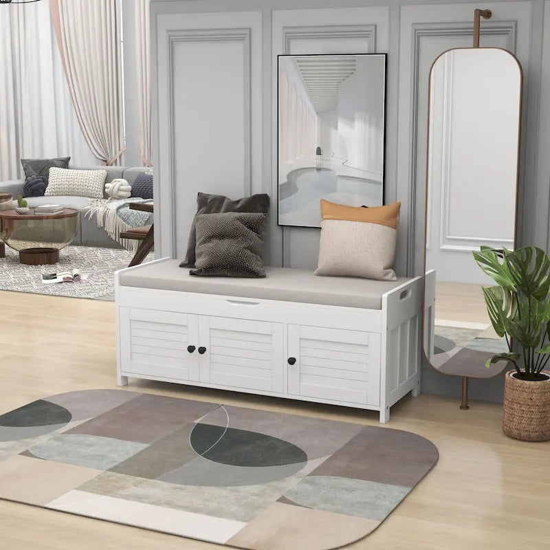 Banc de rangement en bois avec 3 portes persiennes et boîte de rangement à rabat, banc à chaussures d'entrée avec étagères réglables