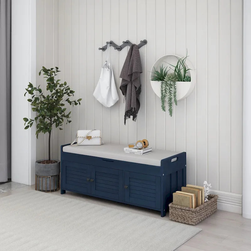 Banc de rangement en bois avec 3 portes persiennes et boîte de rangement à rabat, banc à chaussures d'entrée avec étagères réglables