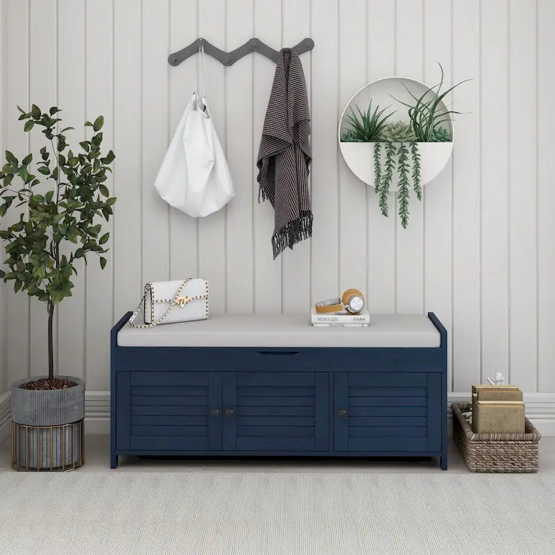 Banc de rangement en bois avec 3 portes persiennes et boîte de rangement à rabat, banc à chaussures d'entrée avec étagères réglables