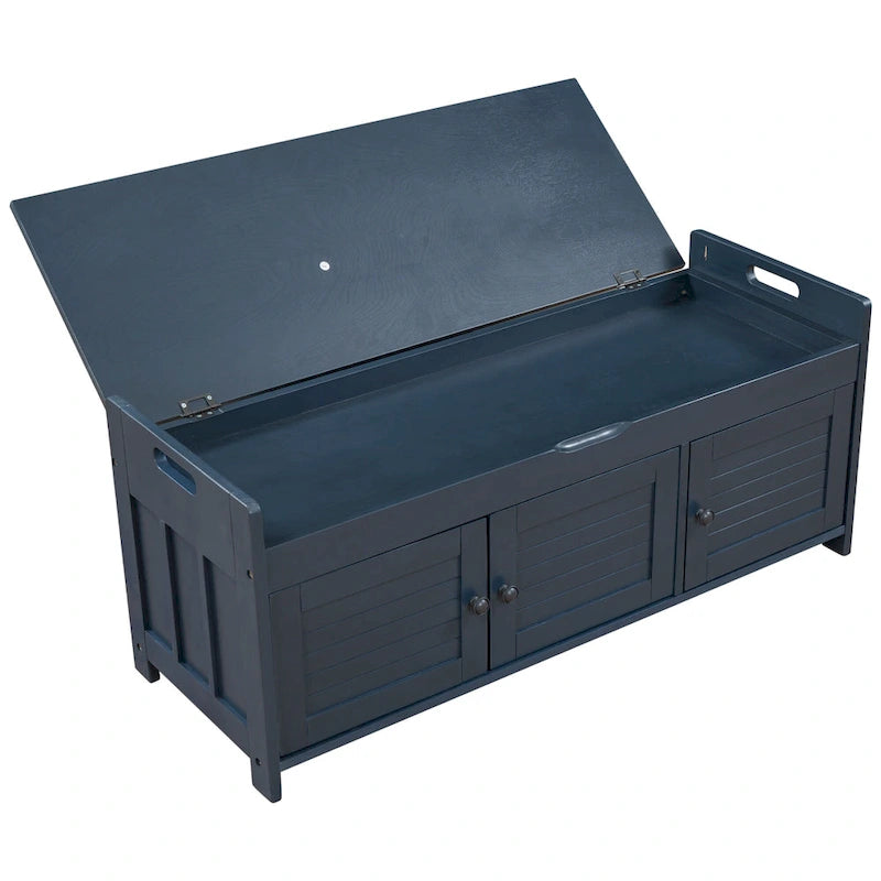Banc de rangement en bois avec 3 portes persiennes et boîte de rangement à rabat, banc à chaussures d'entrée avec étagères réglables
