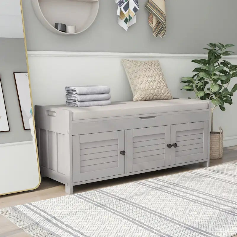 Banc de rangement en bois avec 3 portes persiennes et boîte de rangement à rabat, banc à chaussures d'entrée avec étagères réglables
