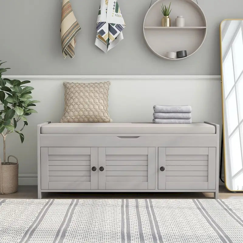 Banc de rangement en bois avec 3 portes persiennes et boîte de rangement à rabat, banc à chaussures d'entrée avec étagères réglables