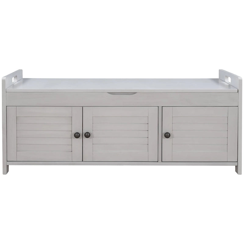 Banc de rangement en bois avec 3 portes persiennes et boîte de rangement à rabat, banc à chaussures d'entrée avec étagères réglables