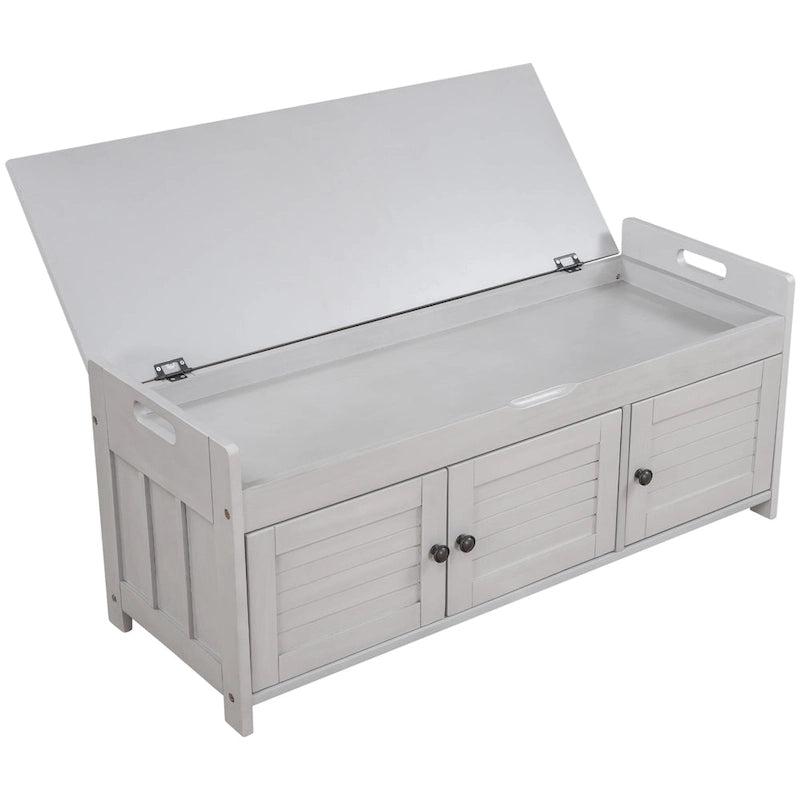 Banc de rangement en bois avec 3 portes persiennes et boîte de rangement à rabat, banc à chaussures d'entrée avec étagères réglables