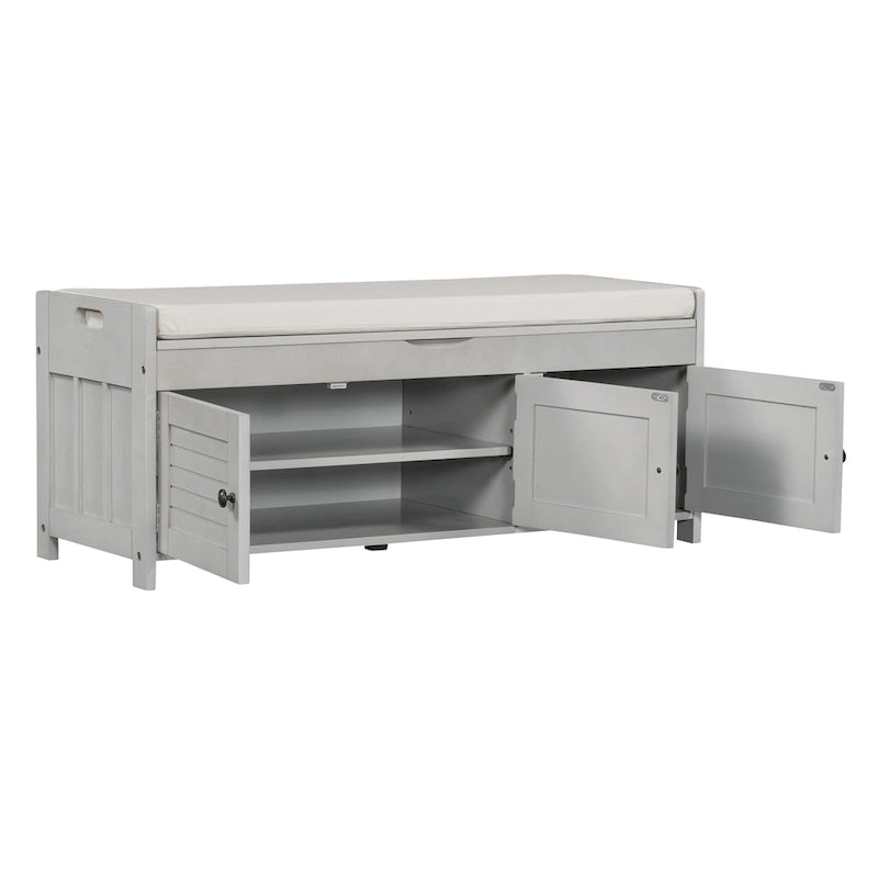 Banc de rangement en bois avec 3 portes persiennes et boîte de rangement à rabat, banc à chaussures d'entrée avec étagères réglables