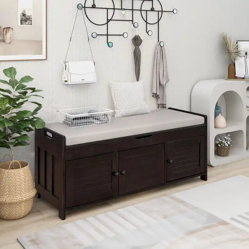 Banc de rangement en bois avec 3 portes persiennes et boîte de rangement à rabat, banc à chaussures d'entrée avec étagères réglables