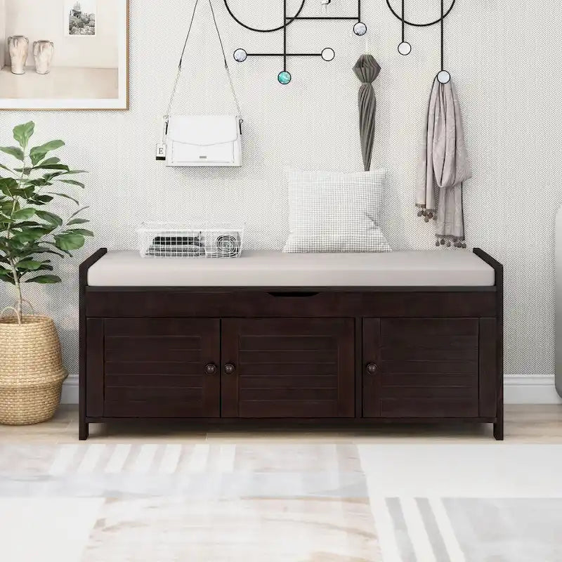 Banc de rangement en bois avec 3 portes persiennes et boîte de rangement à rabat, banc à chaussures d'entrée avec étagères réglables