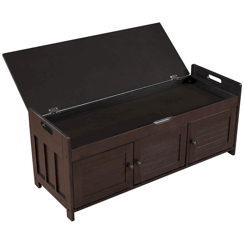 Banc de rangement en bois avec 3 portes persiennes et boîte de rangement à rabat, banc à chaussures d'entrée avec étagères réglables