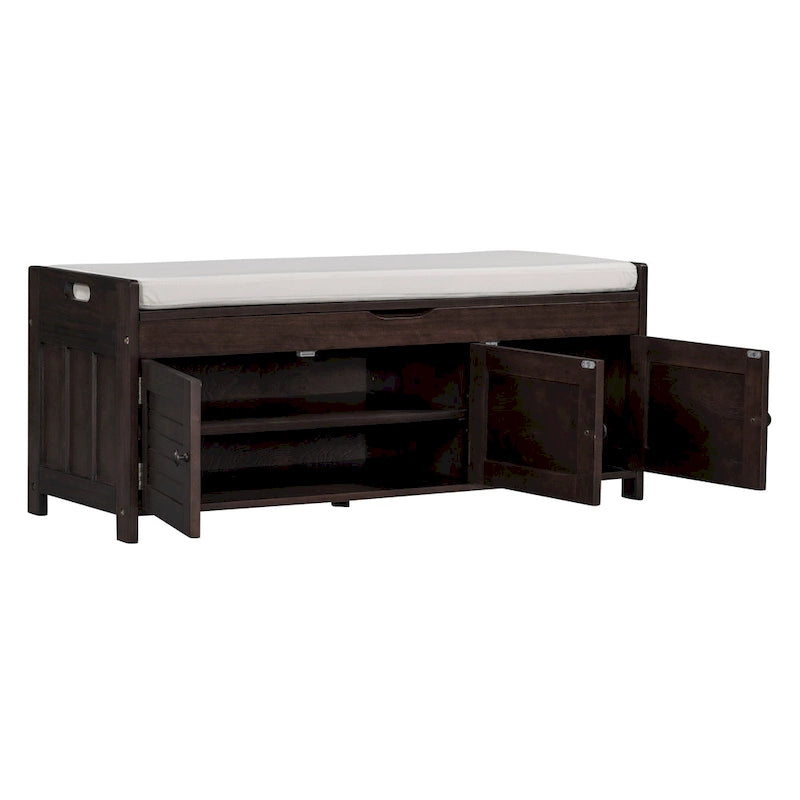 Banc de rangement en bois avec 3 portes persiennes et boîte de rangement à rabat, banc à chaussures d'entrée avec étagères réglables