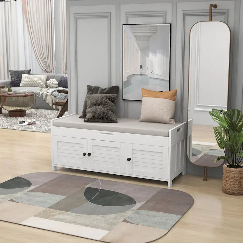 Banc de rangement en bois avec 3 portes persiennes et boîte de rangement à rabat, banc à chaussures d'entrée avec étagères réglables