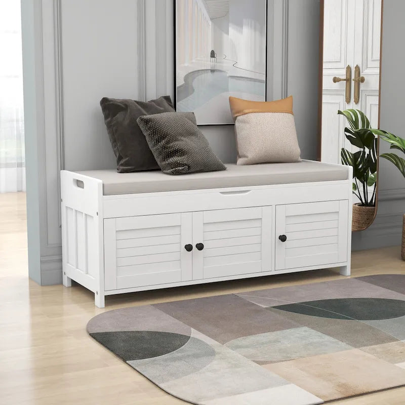 Banc de rangement en bois avec 3 portes persiennes et boîte de rangement à rabat, banc à chaussures d'entrée avec étagères réglables