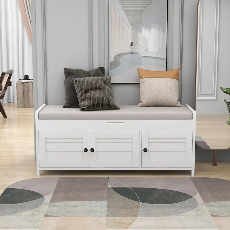 Banc de rangement en bois avec 3 portes persiennes et boîte de rangement à rabat, banc à chaussures d'entrée avec étagères réglables