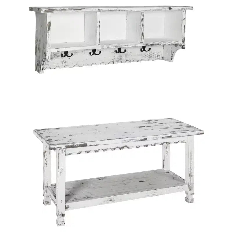 Country Cottage Antiqued Wood Coat Hooks and Storage Bench Set - Alaterre Furniture