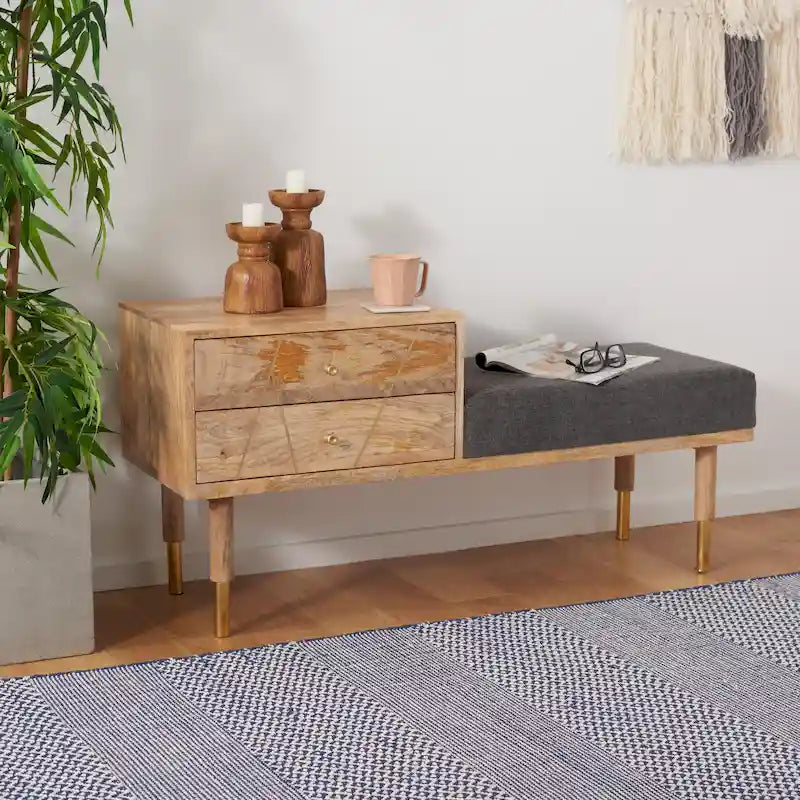 Banc moderne à 2 tiroirs avec assise coussinée - 109 cm (L) x 38 cm (P) x 53 cm (H) - 109Lx38Px53H