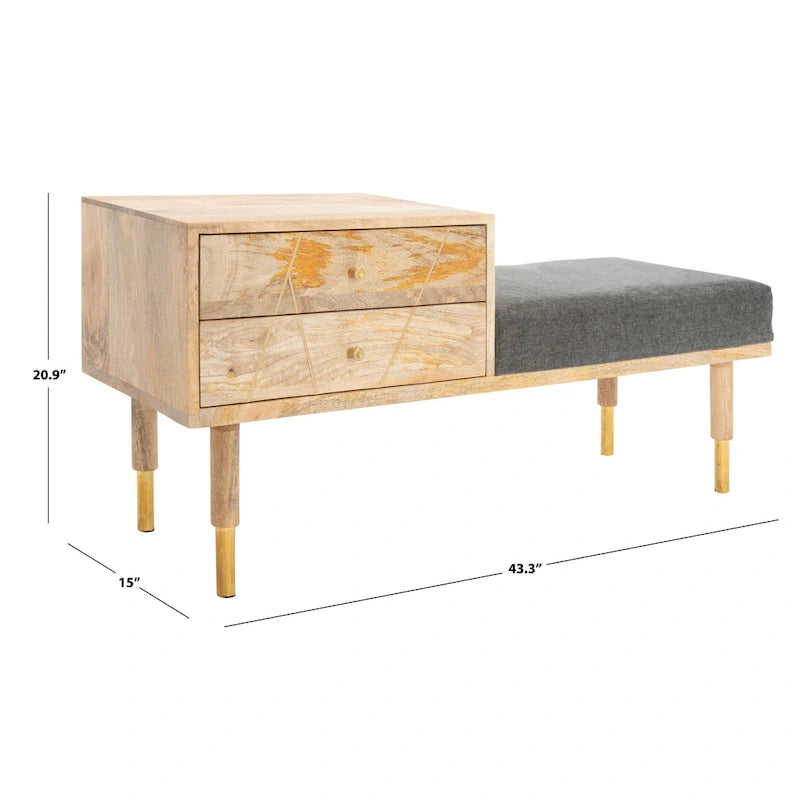 Banc moderne à 2 tiroirs avec assise coussinée - 109 cm (L) x 38 cm (P) x 53 cm (H) - 109Lx38Px53H