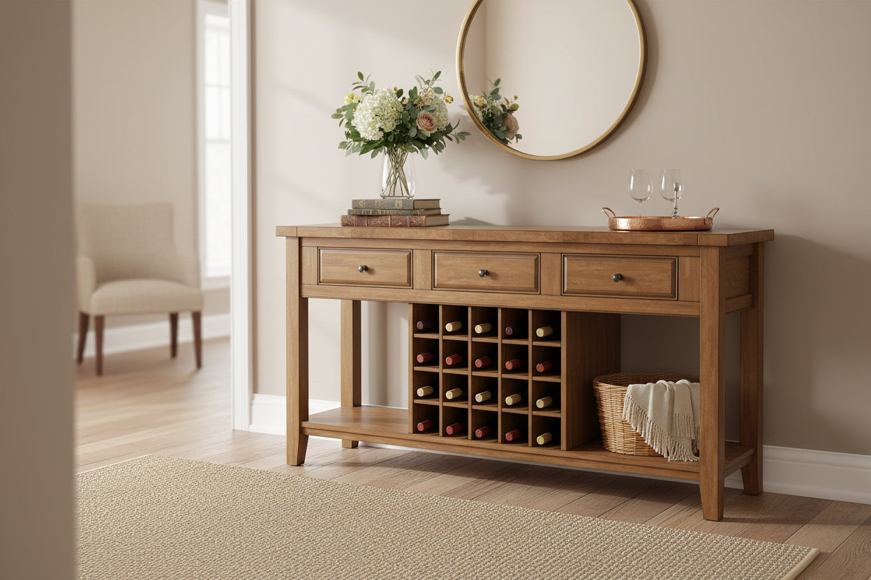 Buffet de service bicolore avec casier à vin en bois | Chêne/Noir/Antique | 20 bouteilles