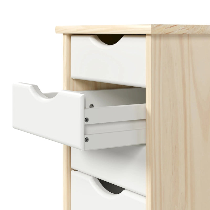 Chariot de rangement original, en bois massif, étroit, à 6 tiroirs, naturel et blanc