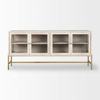 Bahut en bois massif blond avec piètement en fer doré et portes vitrées – 70 larg. x 32 haut. x 18,75 prof.
