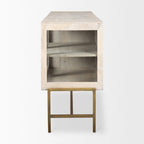 Bahut en bois massif blond avec piètement en fer doré et portes vitrées – 70 larg. x 32 haut. x 18,75 prof.