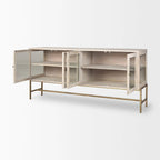 Bahut en bois massif blond avec piètement en fer doré et portes vitrées – 70 larg. x 32 haut. x 18,75 prof.