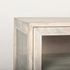 Bahut en bois massif blond avec piètement en fer doré et portes vitrées – 70 larg. x 32 haut. x 18,75 prof.