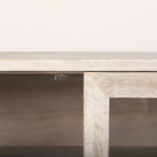 Bahut en bois massif blond avec piètement en fer doré et portes vitrées – 70 larg. x 32 haut. x 18,75 prof.