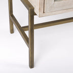 Bahut en bois massif blond avec piètement en fer doré et portes vitrées – 70 larg. x 32 haut. x 18,75 prof.