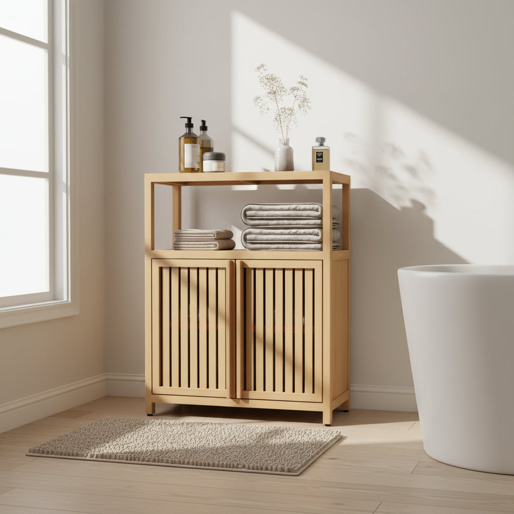 Meuble de rangement de salle de bain en bambou avec étagères