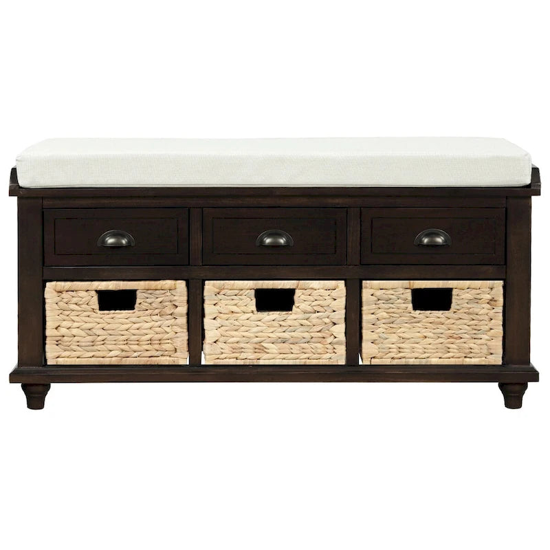 Banc de rangement expresso avec 3 tiroirs et 3 paniers en rotin