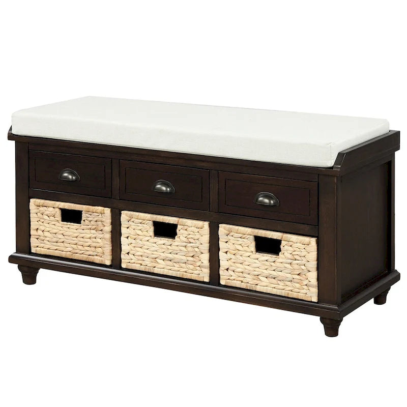 Banc de rangement expresso avec 3 tiroirs et 3 paniers en rotin