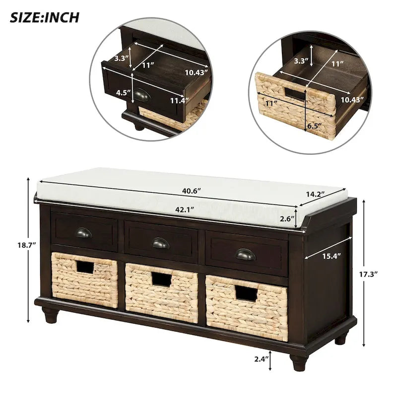 Banc de rangement expresso avec 3 tiroirs et 3 paniers en rotin