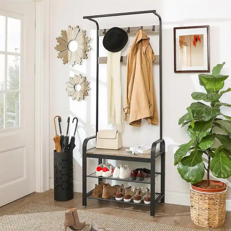 Portemanteau d'entrée gris et noir avec étagère de rangement, accent en bois et cadre en métal – 13.3P x 28.3L x 72.1H